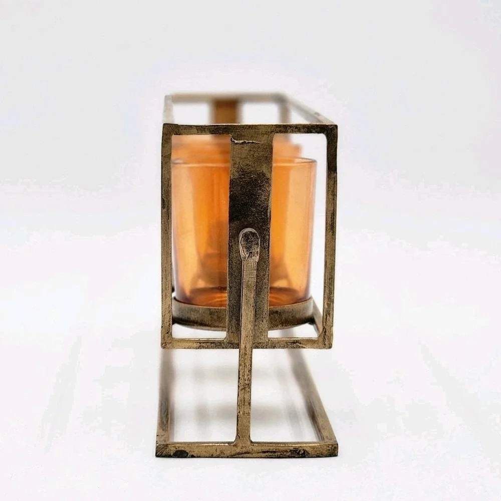 Rustic Triple Votive Tealight Candle Holder Aged Amber Glass In Brushed Bronze